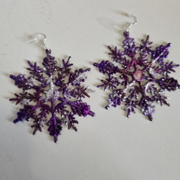 HANDCRAFTED Snowflake Pierced Earrings ARTISAN HANDMADE Holiday Jewelry 4 inches - Picture 3 of 17